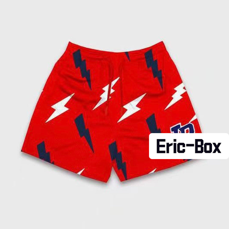 Lightning Bolt Print Red Mesh Shorts