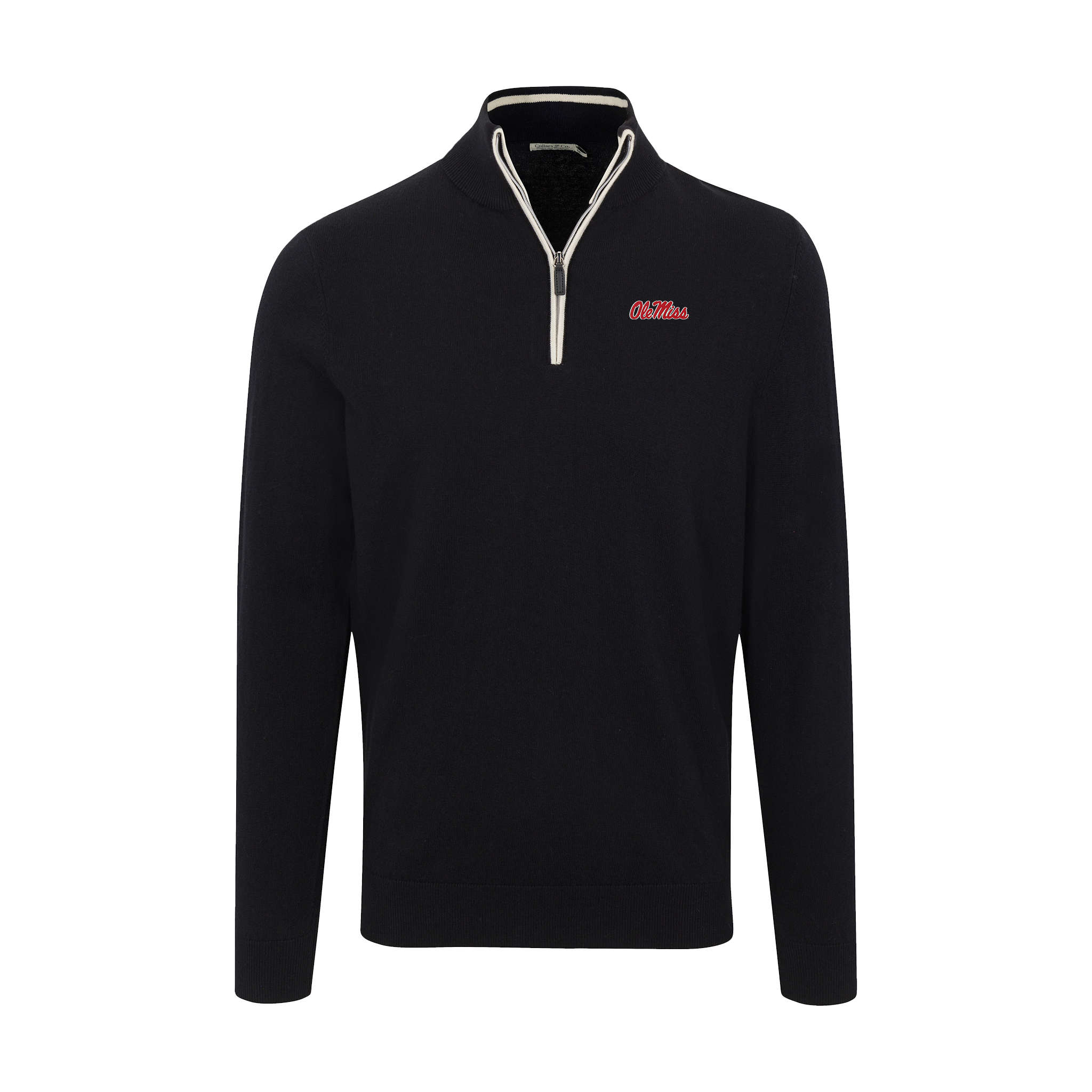 Ole Miss Black with White Trim Luxury Touch Cotton and Cashmere Quarter Zip Sweater